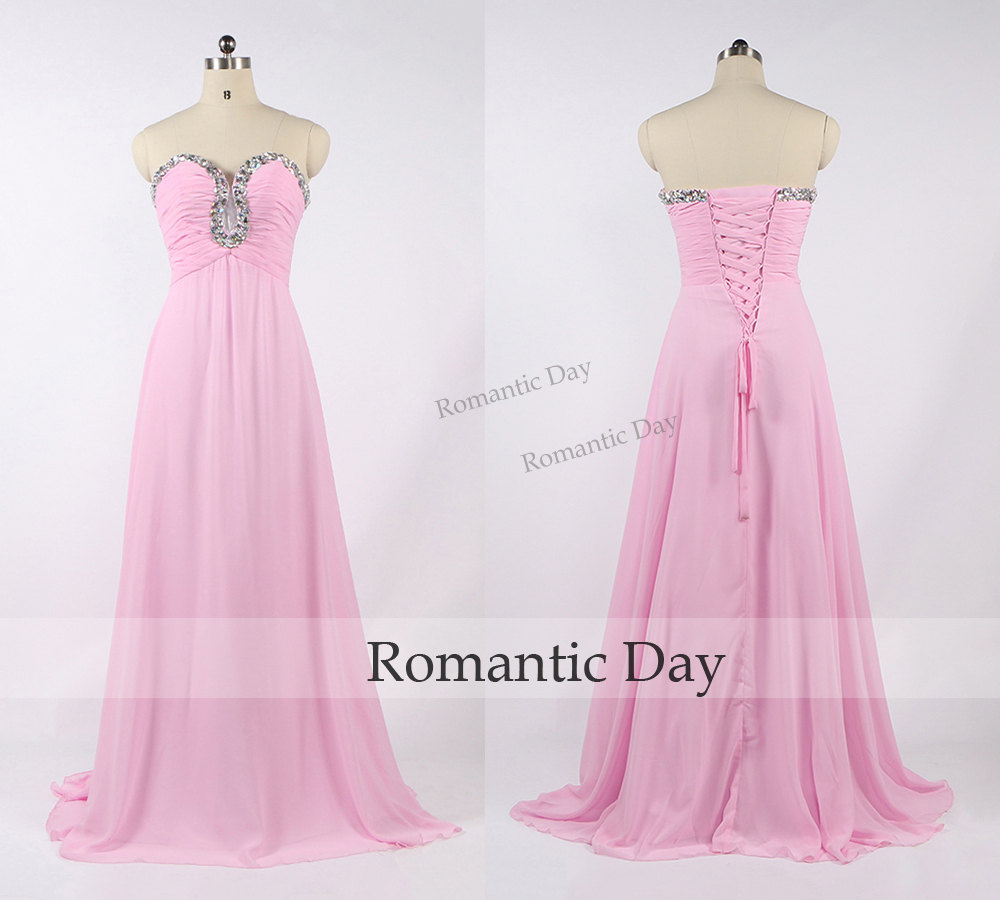 Sweetheart Beads A-line Chiffon Lace-up Long Prom Dresses/pink Prom Dress/pink Evening Dress/custom Made 0435