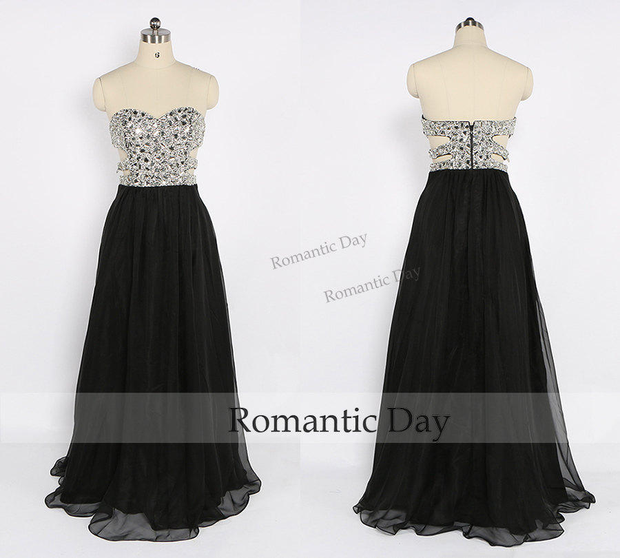 Design Luxurious Rhinestone Bodice Sexy Cut Out Side Black Long Prom Dress/prom Party Dress/celebrity Dress/custom Made 0425
