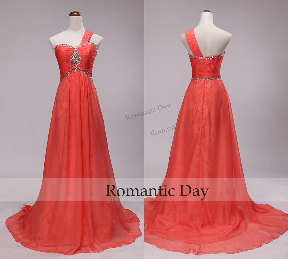 One Shoulder Rhinestone Empire Waist Chiffon Watermelon Red Long Evening Dresses/sweep Train Prom Gown/custom Made 0416