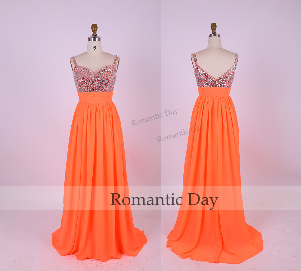 Gorgeous Sequins Chiffon Long Prom Dresses/orange Prom Party Dress/handmade/evening Gown 0328