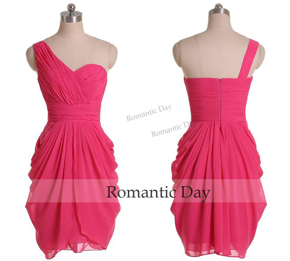 Elegant One Shoulder Pleats Rose Red Short Homecoming Dress/ruffles Chiffon Wedding Party Dress/custom Made 0413