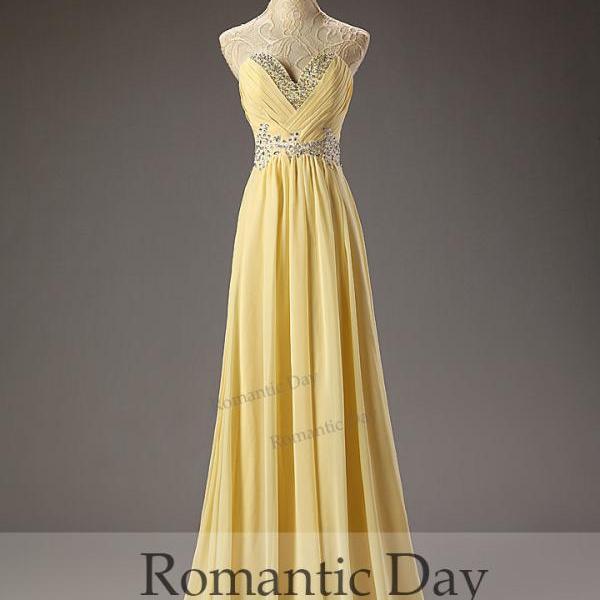 Selling Yellow Appliques Sequins Sweetheart Long Prom Dress/formal